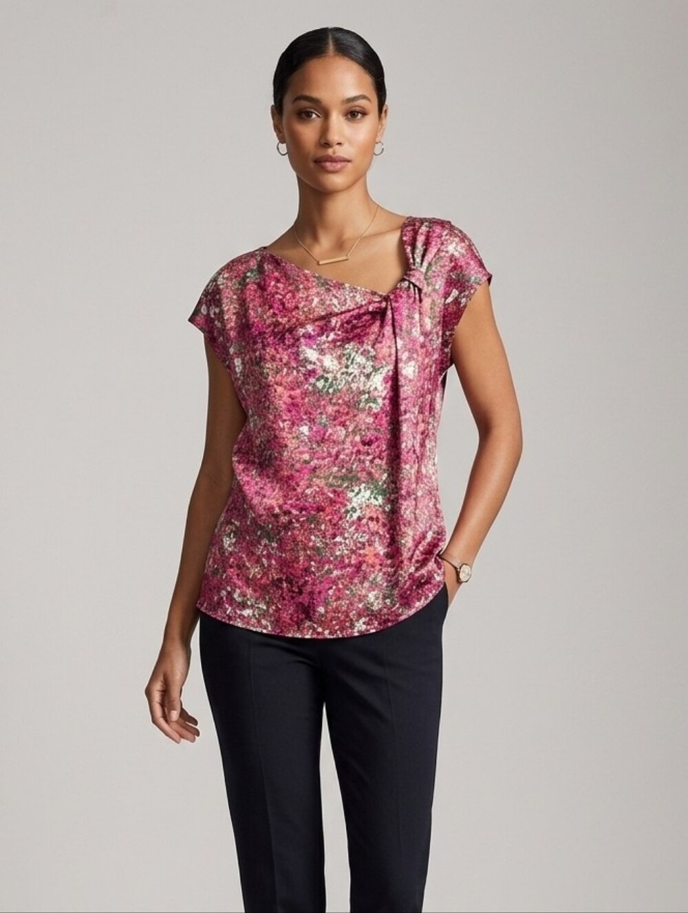 Fred David Asymmetric Abstract Watercolor Top Magenta Draped Neck Blouse MEDIUM